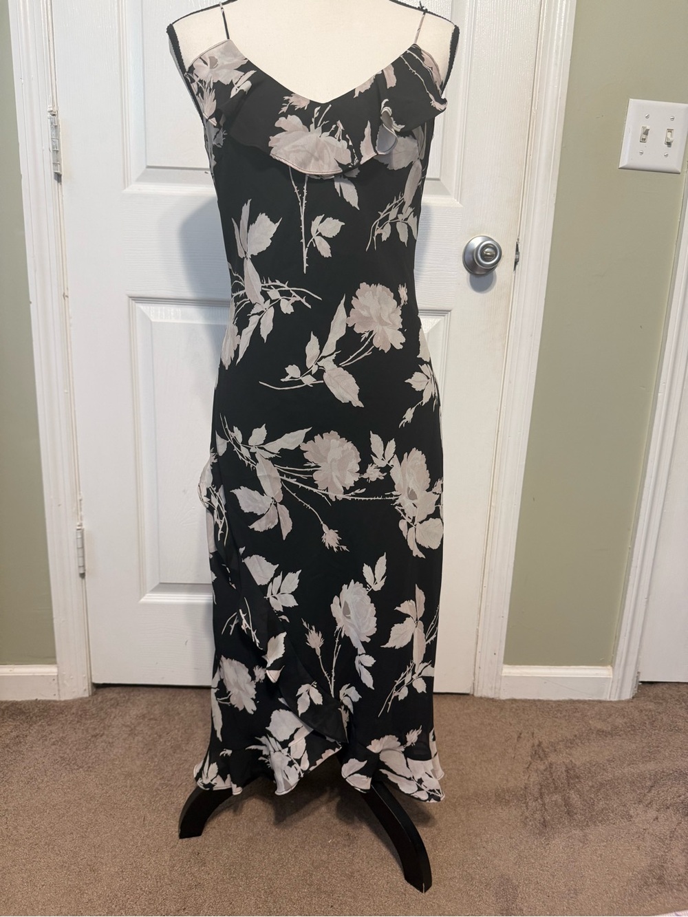 Express Black Slip Dress with Cream Floral Print and Ruffle Neckline